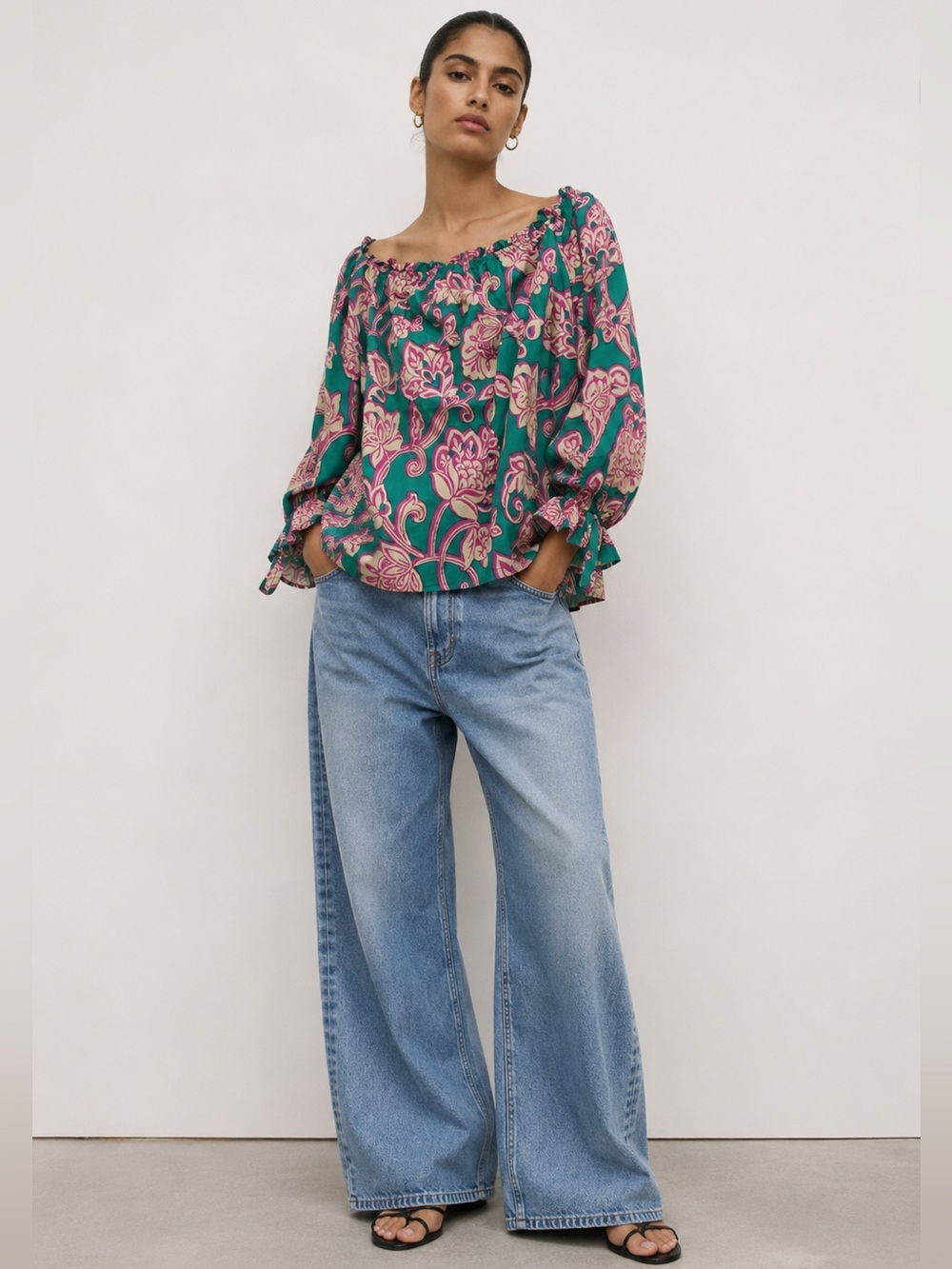 Flying Tomato Floral Boho Peasant Blouse Green Pink Cotton Size L